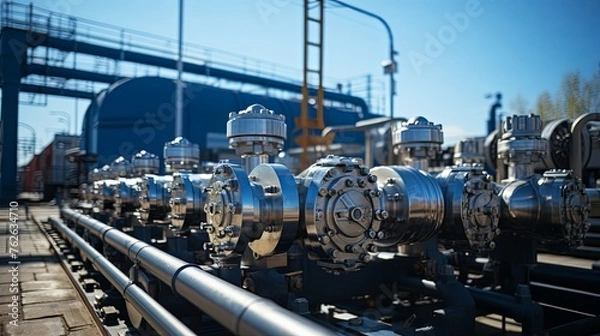 Fototapeta Gas pipelines, valves at a distribution station, a natural gas pumping and processing plant, an industrial image with a place for text, Generative AI.