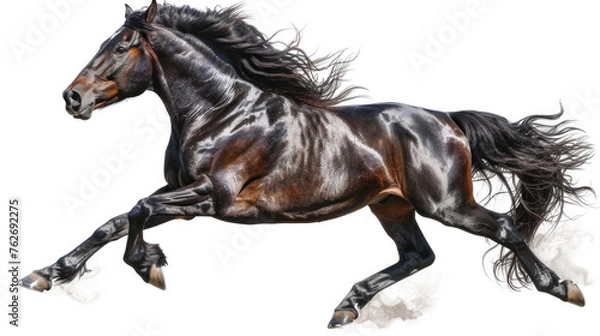 Fototapeta Black and brown horse galloping through the air isolated on white background