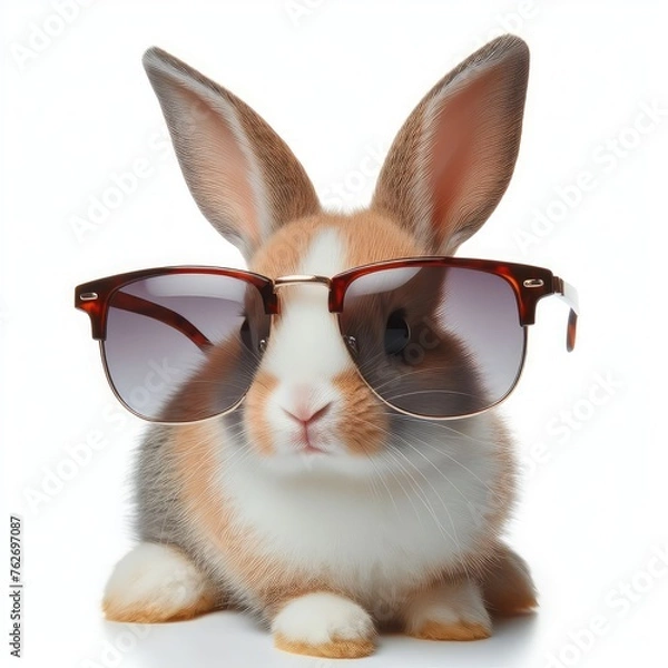 Fototapeta A cute rabbit wearing sunglasses isolated on a white background 