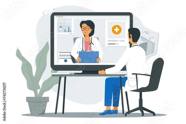 Fototapeta A man and a woman are seated at a desk, engaging with a monitor in front of them, Telemedicine consultation between a doctor and patient, AI Generated