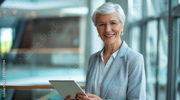 Fototapeta beautiful elderly woman in an executive suit with a tablet in a modern office during the day in high resolution and high quality