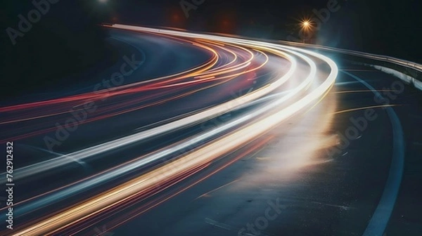 Fototapeta Panoramic  Cars light trails at night in a curve  asphalt road at night long exposure image : Generative AI