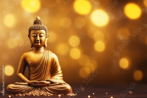 Fototapeta Buddha statue on golden background and copy space - generative ai