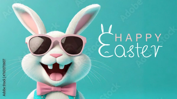 Fototapeta Funny Easter bunny with long teeth on turquoise background. Happy Easter card.