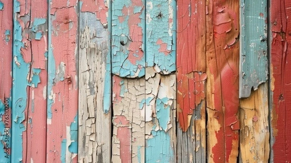 Fototapeta A close-up of peeling paint on an old wooden surface, highlighting the texture and layers of color,