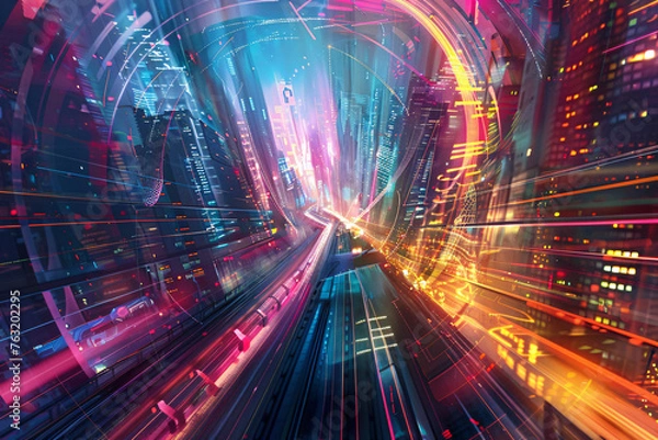 Fototapeta Neon light trails in futuristic cityscape at night