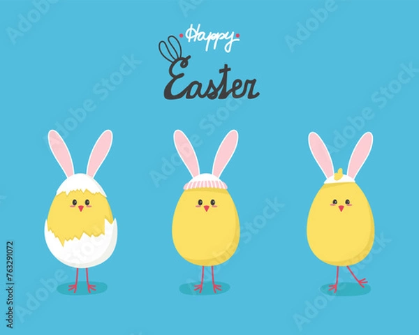 Fototapeta Three cute chicks with bunny ears happy easter. Vector illustration of a banner of funny chickens in the shape of an egg.