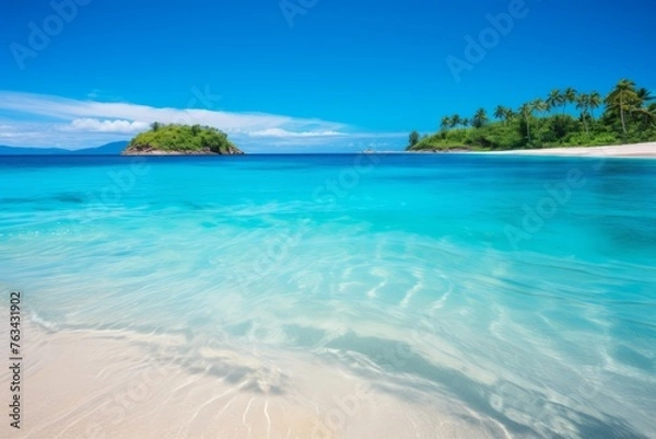 Obraz A pristine beach with clear blue waters, serving as a reminder of the need for regular water quality checks in coastal areas