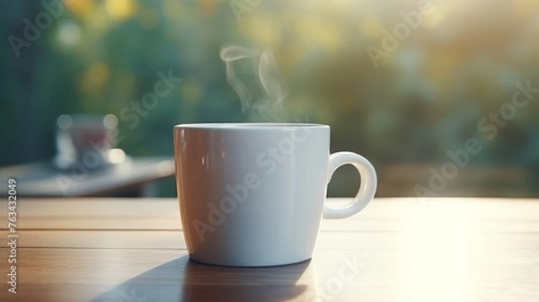 Fototapeta White coffee cup on table in modern kitchen, morning light, perfect for summer breakfast, free space