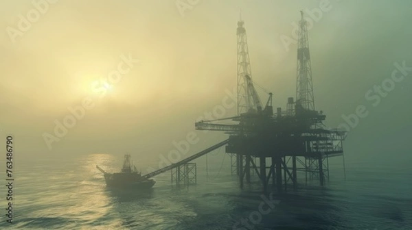 Fototapeta a giant oil rig towering over the vast expanse of the Arabian Sea against the backdrop of a fiery sunset.