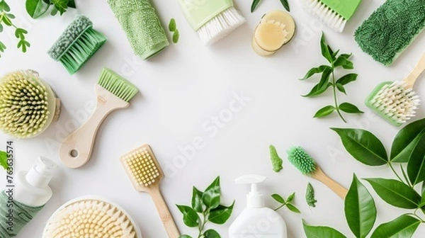 Fototapeta A flat lay of eco-friendly brushes and cleaning cloths, promoting green cleaning solutions on a white background