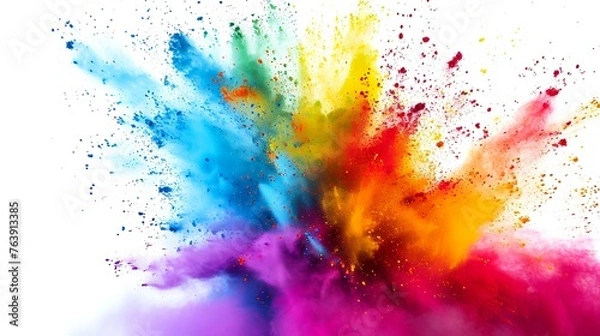 Obraz Explosion of colored powder isolated on white background. Abstract colored background