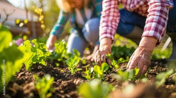 Fototapeta Gardening in spring, planting a garden, potting plants