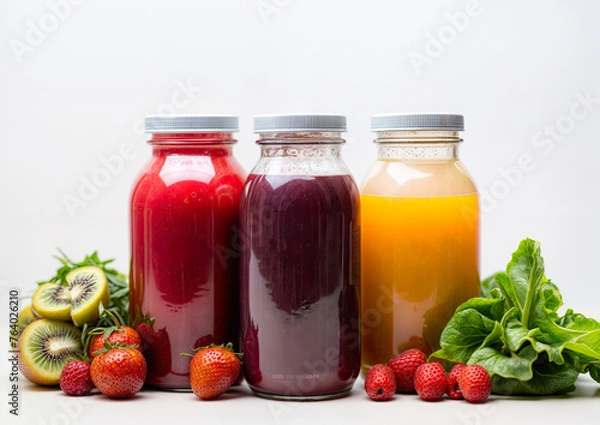 Fototapeta Healthy smoothies in bottles with fresh fruits and berries on white background