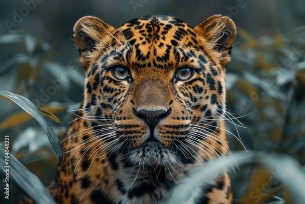 Fototapeta A strikingly detailed image capturing the intense and focused gaze of a leopard amidst a backdrop of blurred green foliage