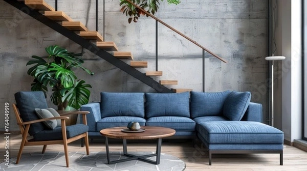 Fototapeta Scandinavian interior design of modern living room, home. Blue sofa under staircase against concrete wall.