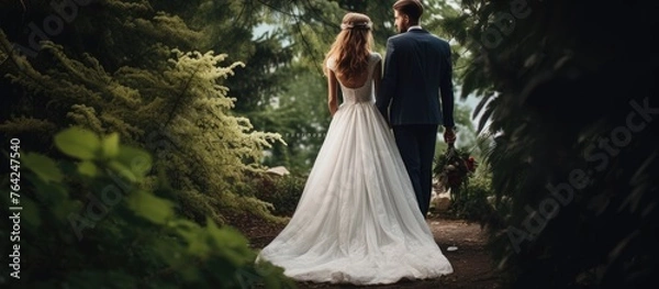 Fototapeta A bride and groom strolling in a forest