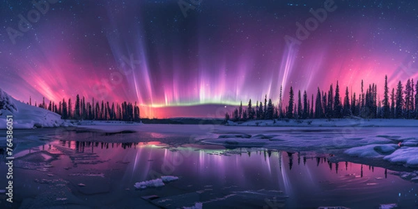 Fototapeta  sky with the aurora borealis above it, a small clearing in the heart of the forest reveals a celestial phenomenon,