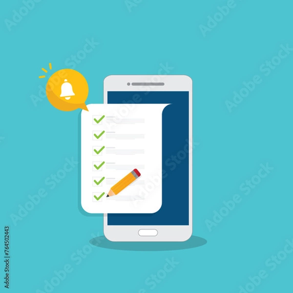 Fototapeta Checklist. Check list document on smartphone, smartphone with paper check list and to do list with checkboxes, concept of survey, online quiz, completed things or done test, feedback.	 