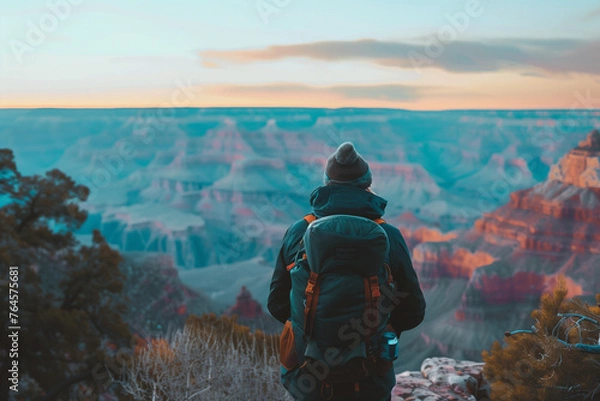 Fototapeta A closeup, behind view of an adventurous traveler standing at the edge of a cliff, overlooking a vast canyon