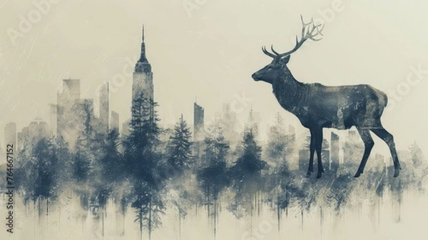 Fototapeta The majestic stag's silhouette seamlessly transforms into a bustling cityscape, embodying the fusion of nature's authority with modern progress.