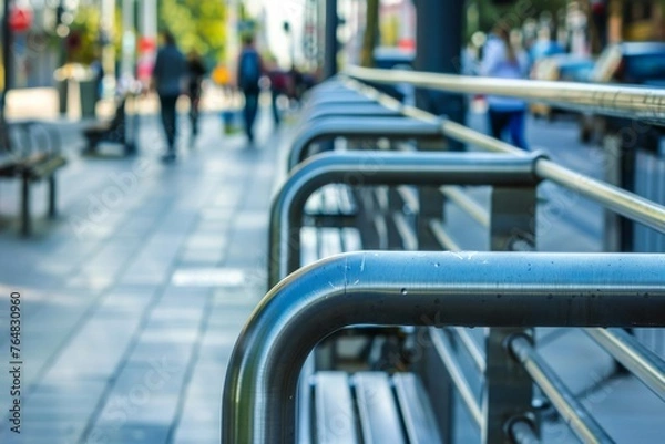 Fototapeta Metal bench line leading the eye towards the blurred urban backdrop, reflecting solitude & introspection