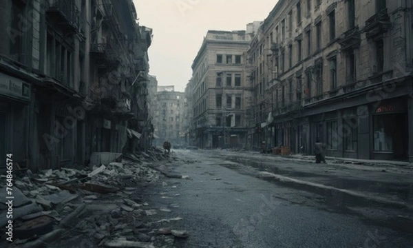 Fototapeta The aftermath of urban abandonment is captured in this street filled with rubble and debris. The once-bustling avenue now silent, a testament to change and neglect. AI generation