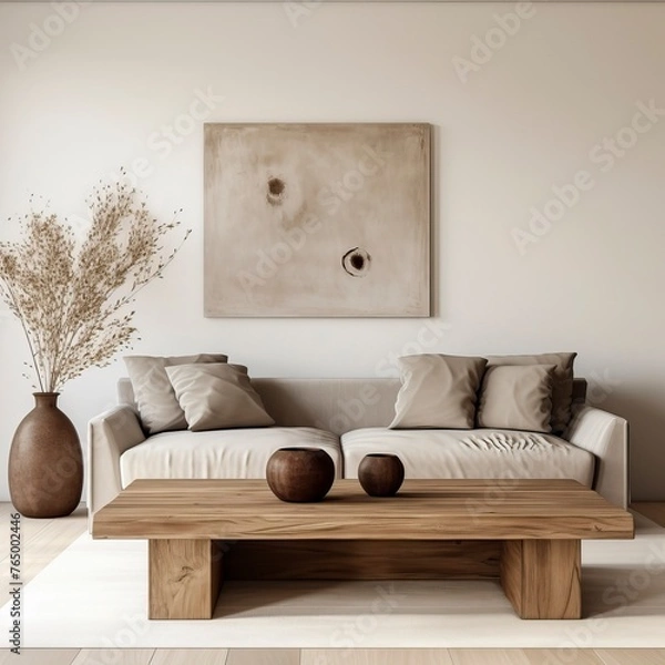 Obraz Minimal living room with wooden coffee table near sofa close-up. Interior design
