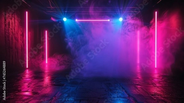 Obraz Empty dark stage with neon lights and smoke in abstract photography style