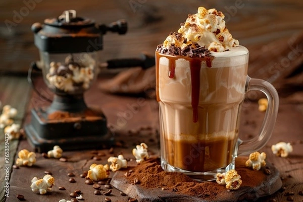 Fototapeta Chocolate drinks with whipped cream and caramel in a glass cup.