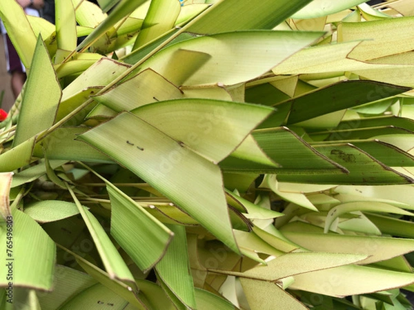 Obraz Bundles of ornate coconut palm leaves are displayed on a sidewalk stall on the eve of Palm Sunday. Close-up.