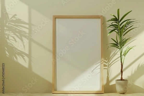 Fototapeta Poster mock up with wooden frame and plant on white  wall with sunbeam and shadow on home interior background. Products overlay template.