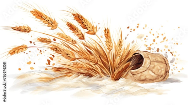 Fototapeta hand drawn and painted wheat getting grinded, earthy colors, white background created with Generative Ai