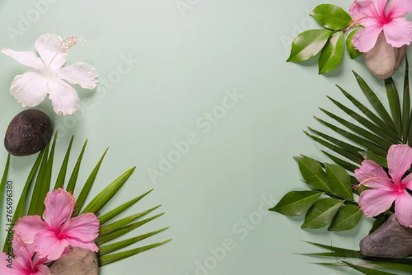 Fototapeta Composition made of meadow flowers and leaves on green background. Flat lay. View from above