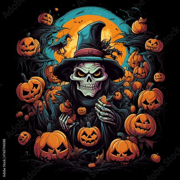 Fototapeta cool halloween design, manga style, bats, pumpkins, skeletons, zombies, black background creative with Generative AI