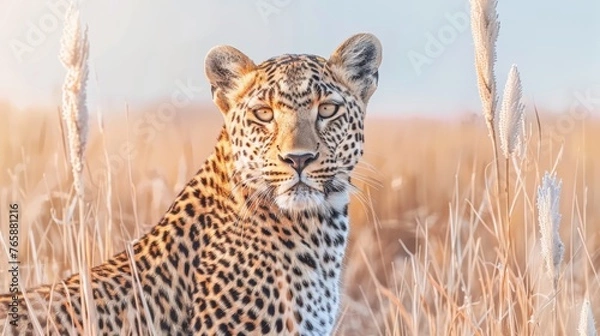 Fototapeta  a close up of a cheetah in a field of tall grass with a blue sky in the background.