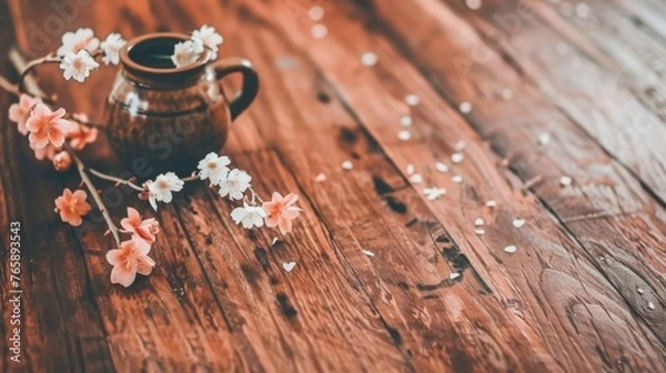 Fototapeta  a wooden table topped with a brown vase filled with pink and white flowers next to a brown vase filled with white and pink flowers.