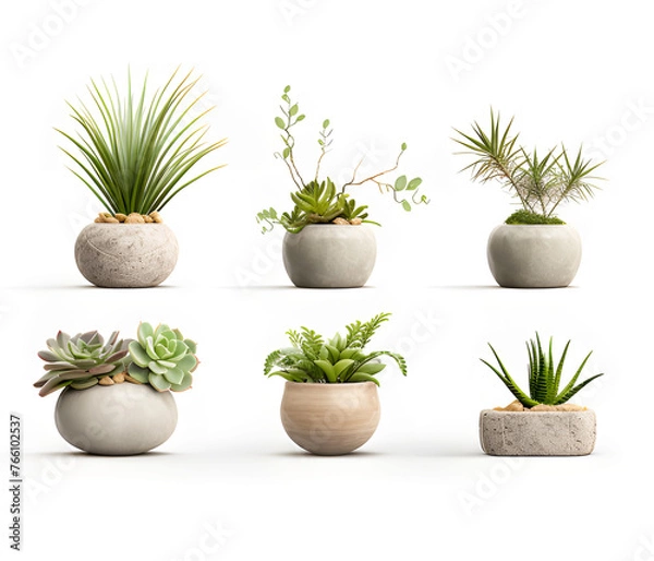 Fototapeta Set of green plant pots With leaves and flowers. Vector. Realistic illustration. lonely shadow on a white background