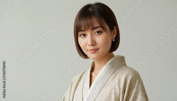 Fototapeta Beautiful portrait of Japanese woman in front of simple background 