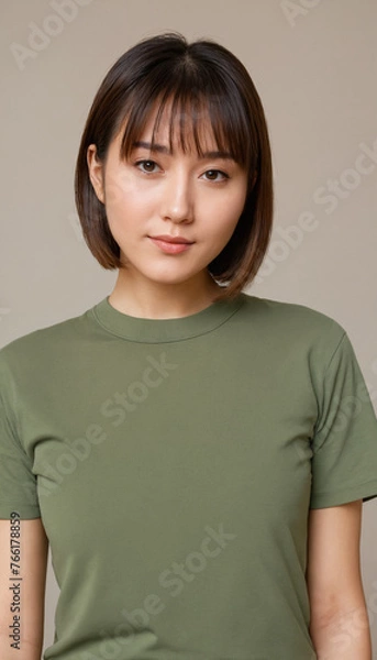 Fototapeta Beautiful portrait of Japanese woman in front of simple background 