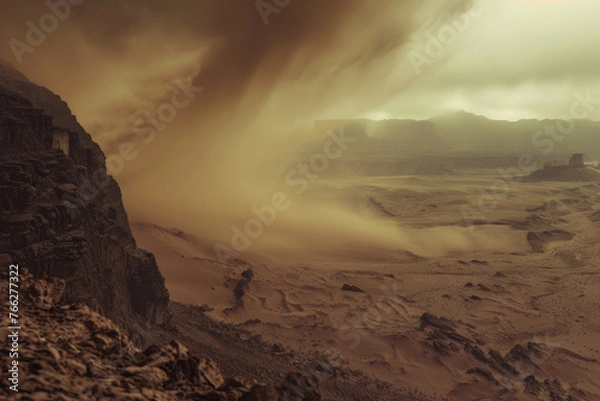 Fototapeta A mystical sandstorm sweeps across an otherworldly desert landscape at twilight.