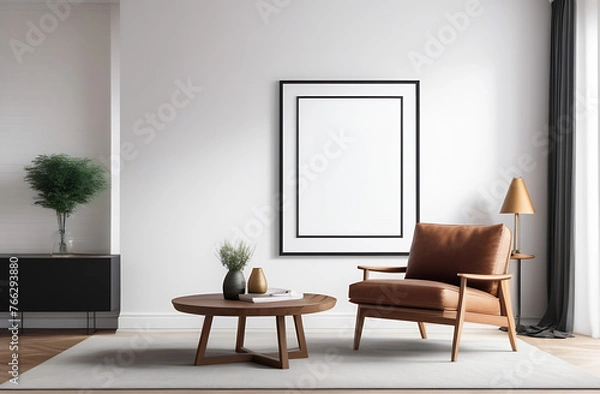 Fototapeta Blank poster frame mockup on white wall living room with wooden sideboard and green plant