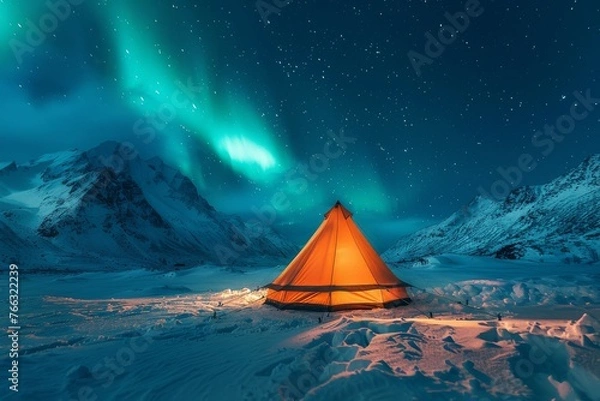 Obraz A solitary tent in a snowy landscape under the northern lights