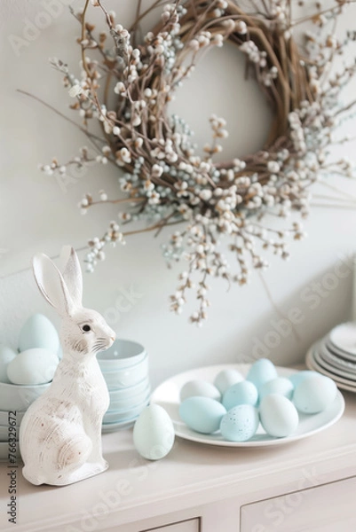 Fototapeta Beautifully set Easter table with a bouquet of spring flowers in a vase, Easter decorations and colored Easter eggs