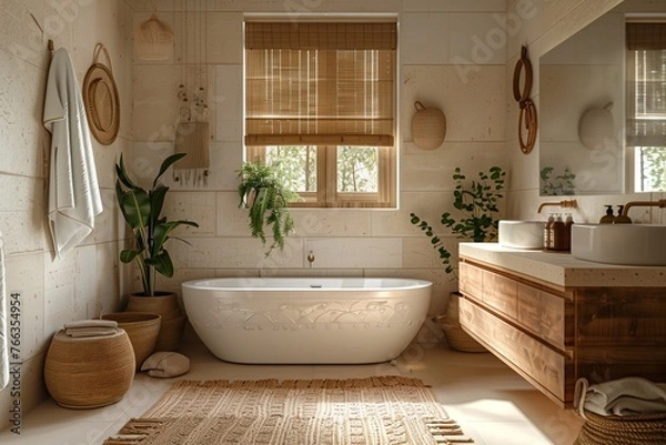 Fototapeta The bathroom in boho style. Modern boho bathroom. Home interior.