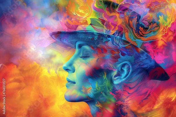 Fototapeta Tranquility and serenity. Mental wellbeing and female health. Serene woman in hat among colourful smoke. Inspiration and dreaming.