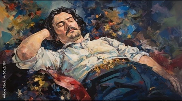 Fototapeta A man is sleeping in a painting. The painting is full of colors and has a dreamy, almost surreal feel to it