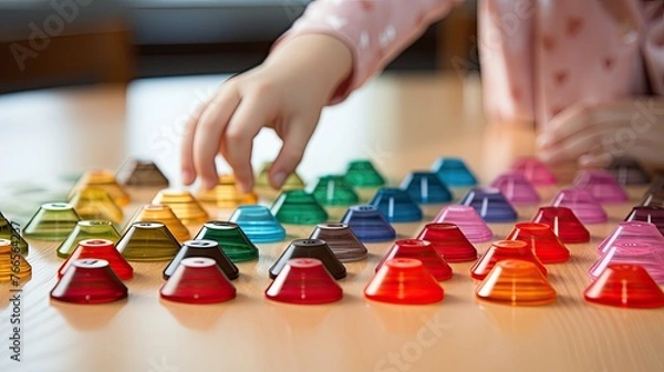 Fototapeta Child's hands unfolding figures for counting, educational games, education, Development of the child's fine motor skills and learning.