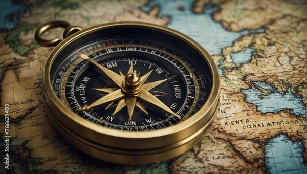 Fototapeta Magnetic old compass on a world map