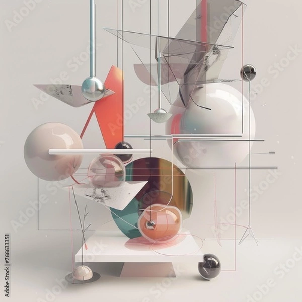 Obraz This image features a complex arrangement of geometric shapes and reflective spheres in a muted palette, creating a visually engaging abstract composition suitable for modern designs.